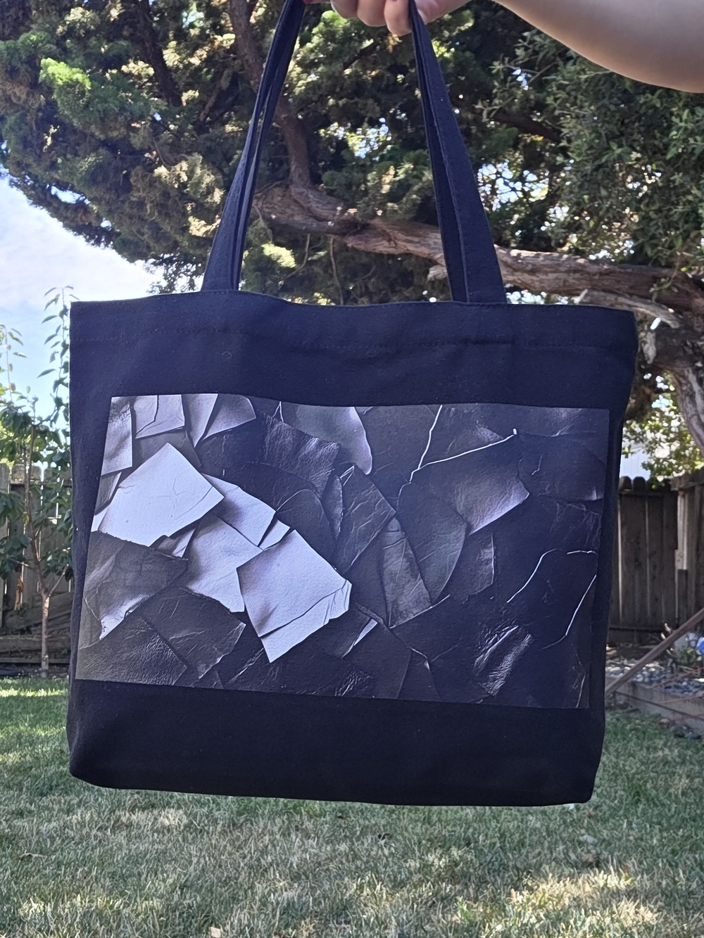 Black Canvas Tote with Abstract Panel Design